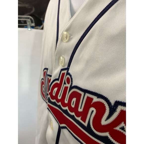 Majestic Indians Baseball Jersey White Button-Up Medium Red Navy Logo - Picture 8 of 9